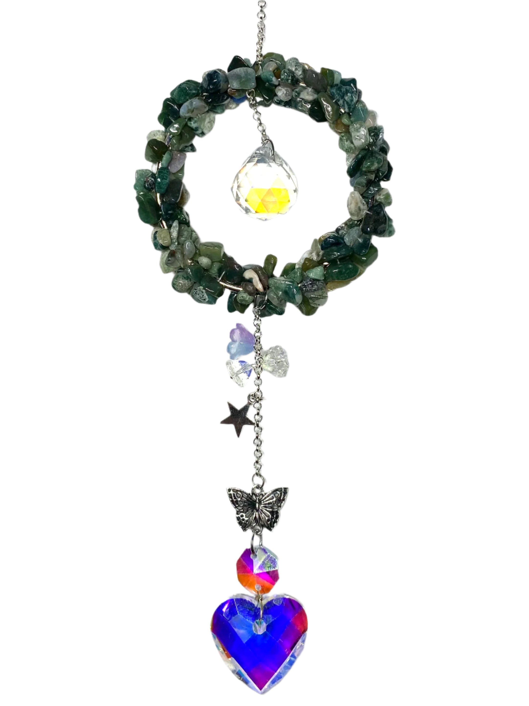 Green Moss Agate with Heart Crystal Suncatcher