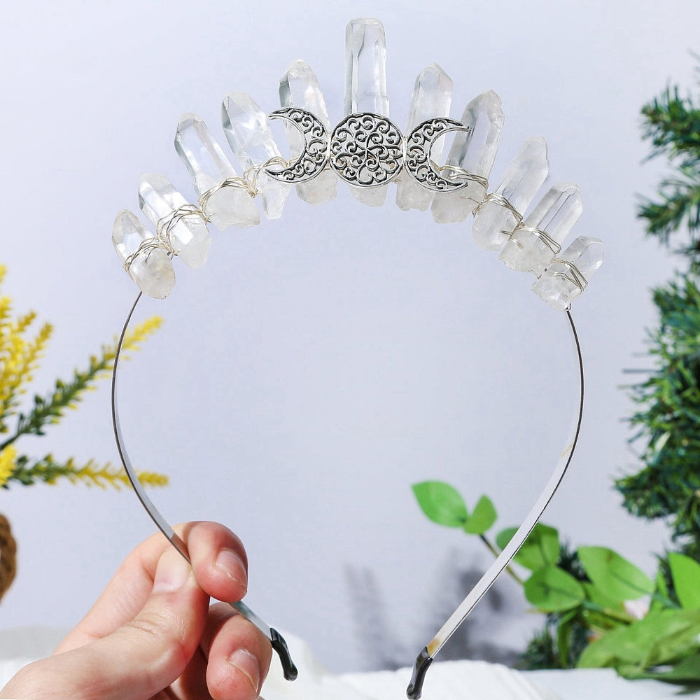 Clear Quartz Triple Moon Metal Crown