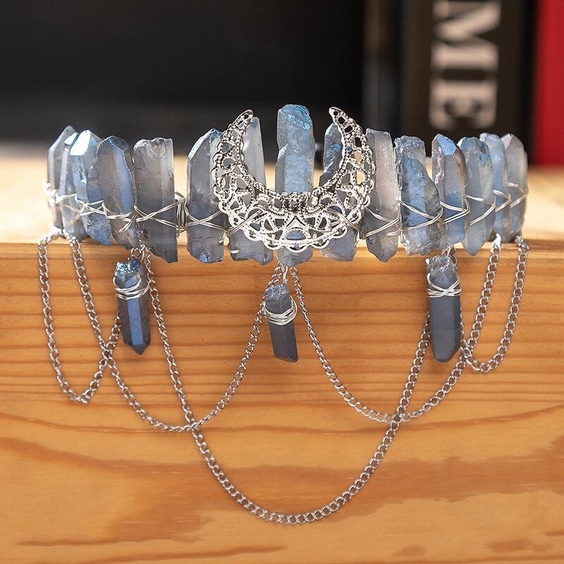 Silver Gray Aura Crystal Moon Diadem