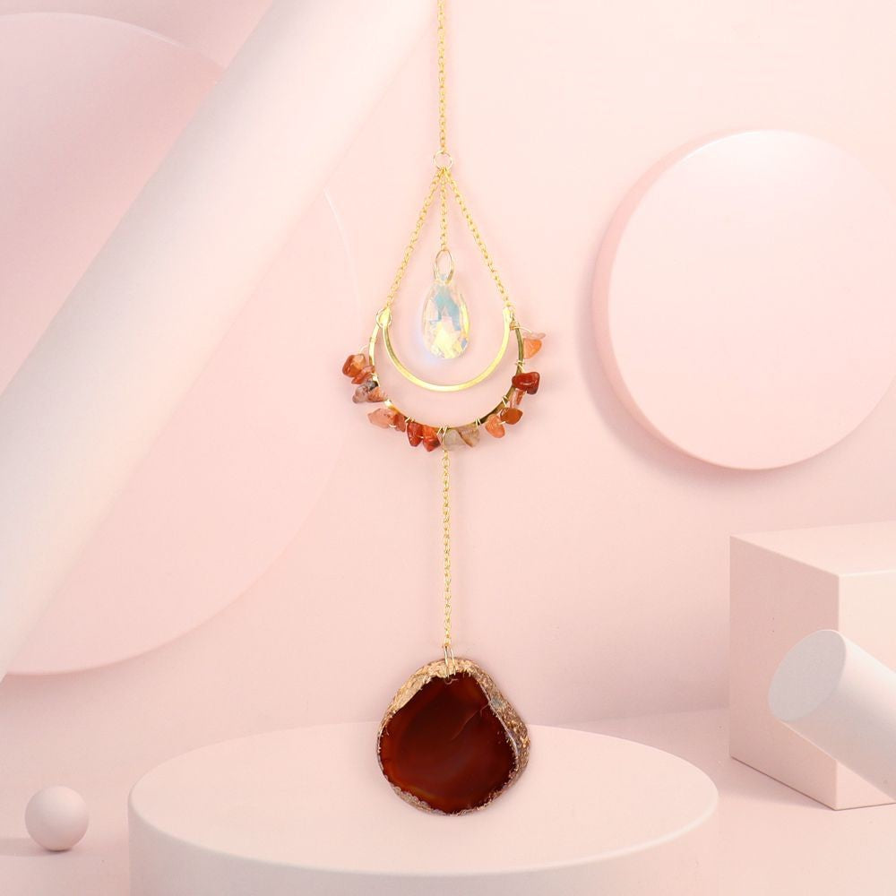 Carnelian Gemstone Chip and Agate Clear AB Teardrop Suncatcher
