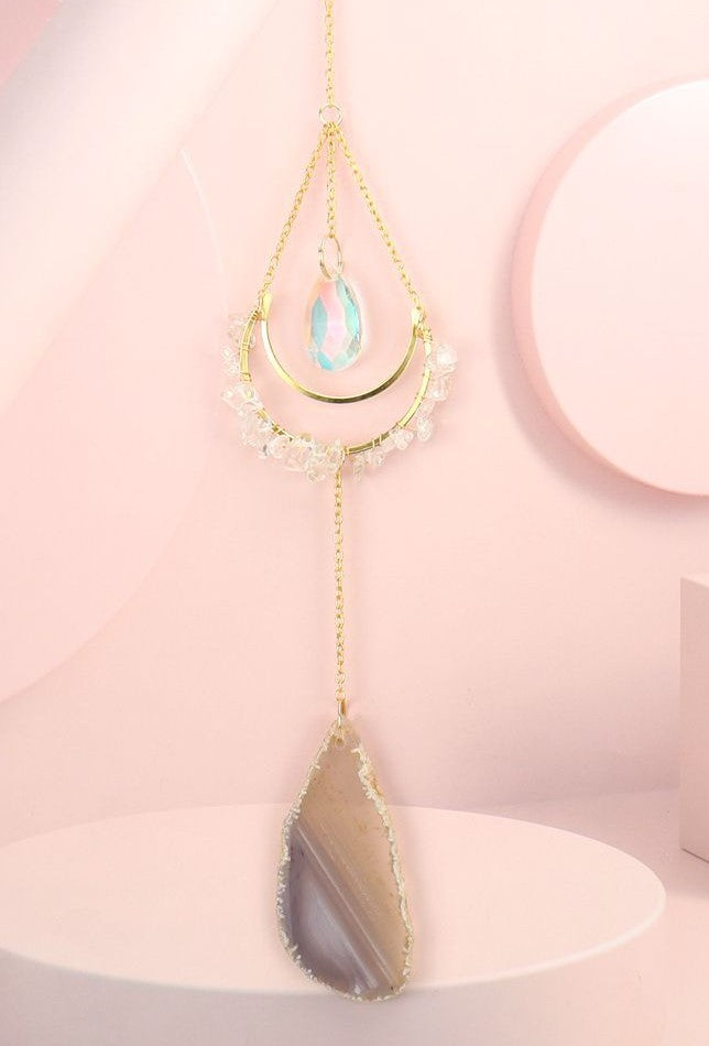 Clear Quartz Gemstone Chip and Agate Clear AB Teardrop Suncatcher