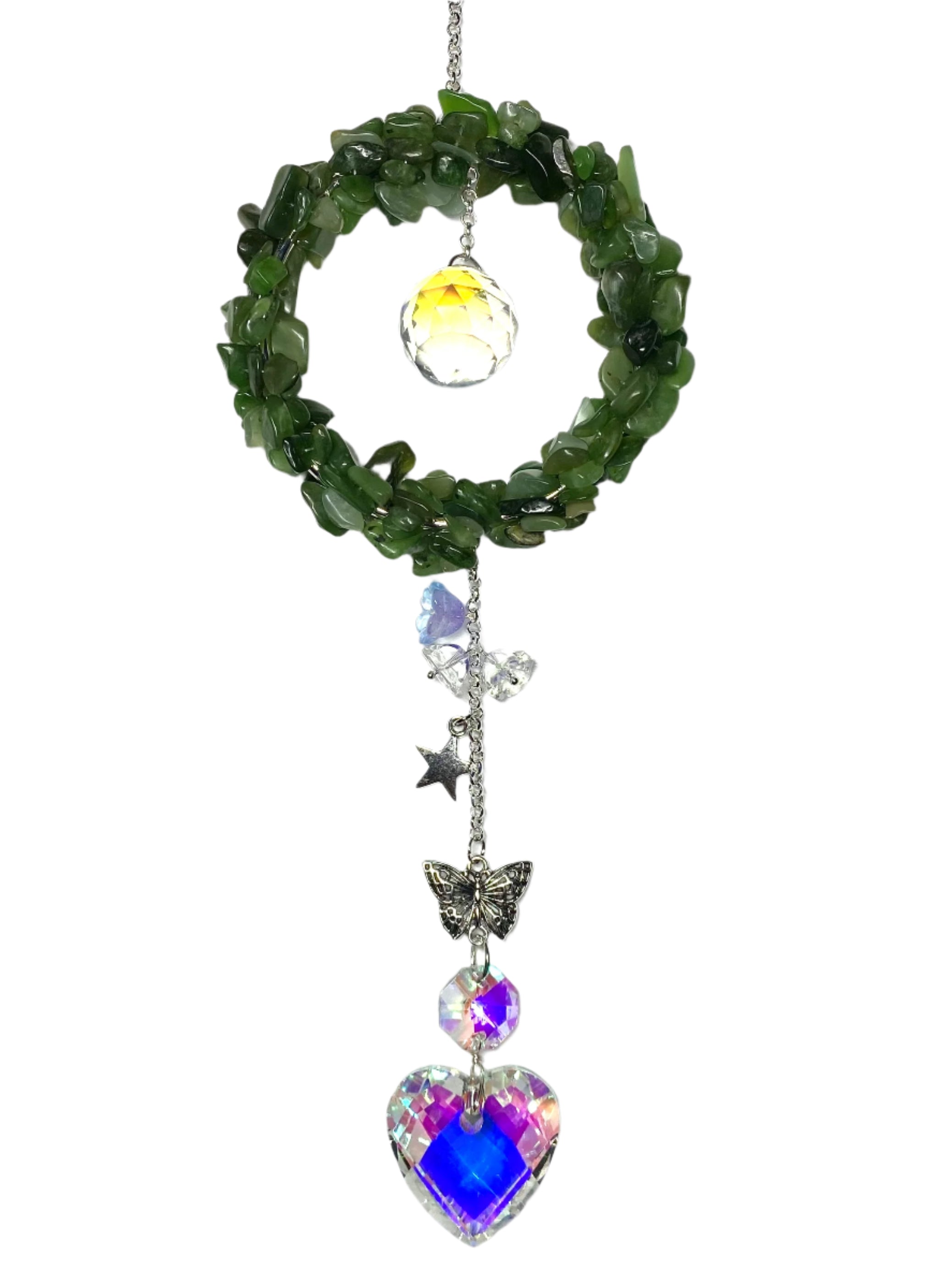 Green Jade with Heart Crystal Suncatcher