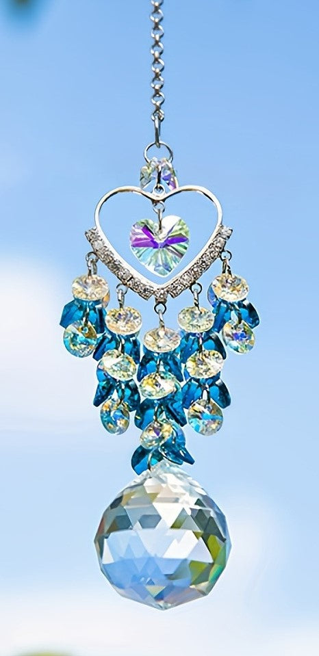 Aqua Multi Crystal and Rhinestone Heart Suncatcher