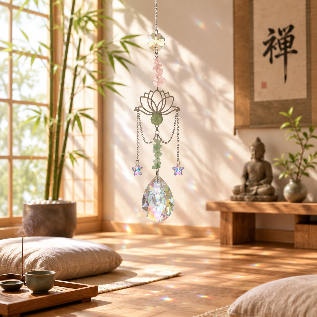 Rose Quartz and Green Aventurine Lotus Suncatcher
