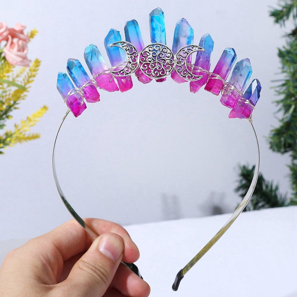 Turquoise and Fuchsia Triple Moon Metal Crown