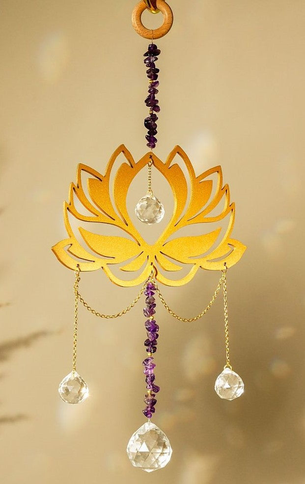 Golden Wood Lotus with Amethyst and Crystal Balls Suncatcher