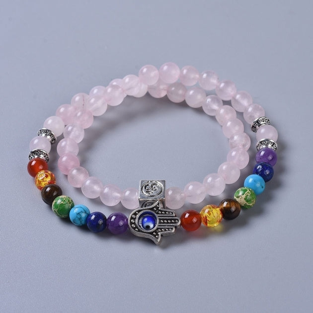 Double wrap Chakra Hamsa Rose Quartz Bracelet