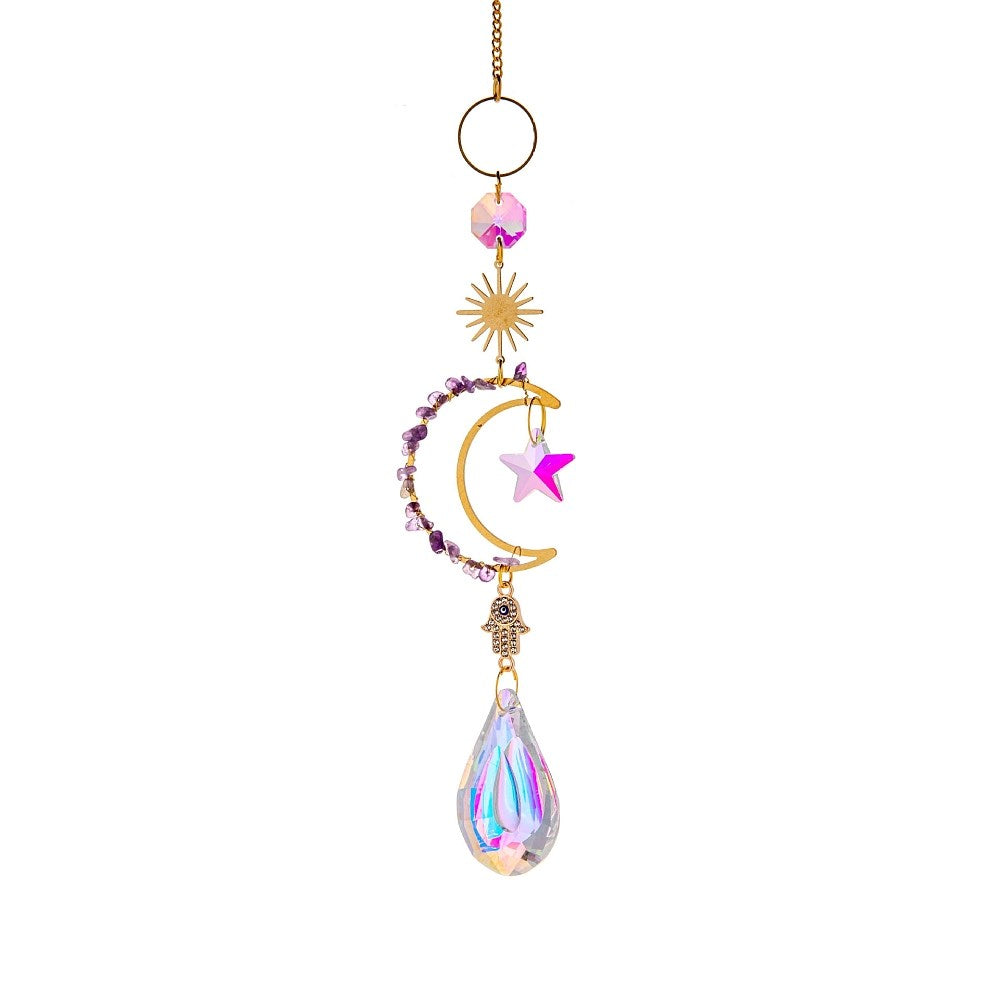 Gold Hamsa Moon Stars Amethyst Beads Suncatcher