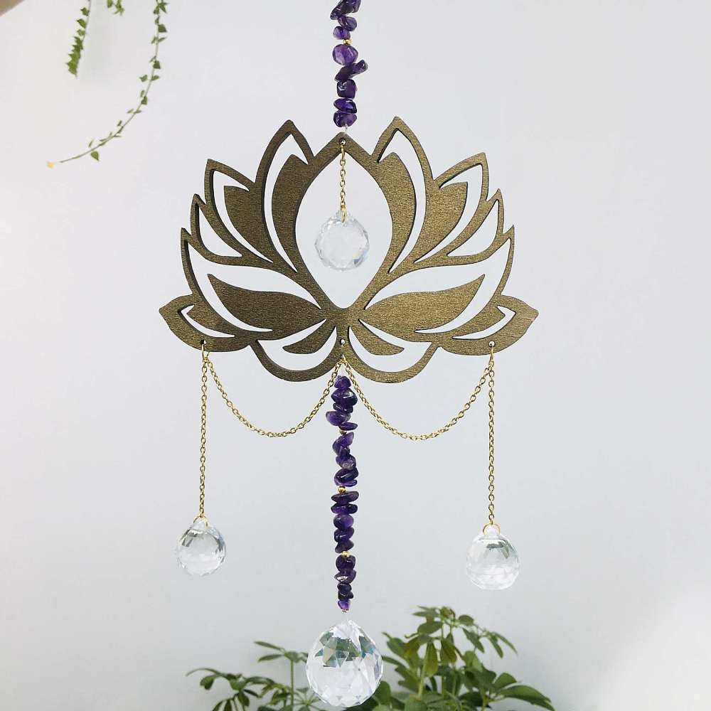Wood Lotus with Amethyst and Crystal Balls Lightcatcher